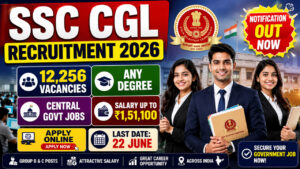 SSC CGL Recruitment 2026 notification image showing 12,256 Group B and Group C vacancies with apply online date, salary details, SSC logo and central government job highlights.
