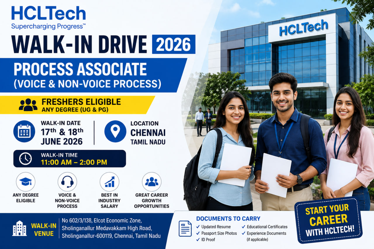 HCLTech Walk-in Drive 2026 for Process Associate Freshers | Voice & Non ...