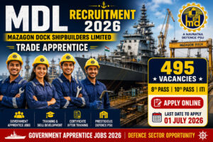 MDL Recruitment 2026 for 495 Trade Apprentice Vacancies – 8th Pass, 10th Pass & ITI Jobs at Mazagon Dock Shipbuilders Limited