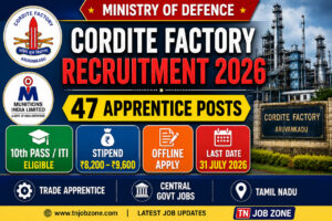 Cordite Factory Aruvankadu Recruitment 2026 Notification for 47 Trade Apprentice Posts