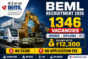 BEML Recruitment 2026 notification for 1346 Apprentice vacancies for Degree, Diploma and ITI candidates with salary up to Rs 12300 and no exam