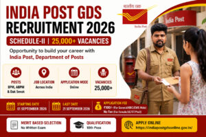 India Post GDS Recruitment 2026 infographic showing 25,000+ vacancies, BPM, ABPM and Dak Sevak posts, 10th pass qualification and application dates